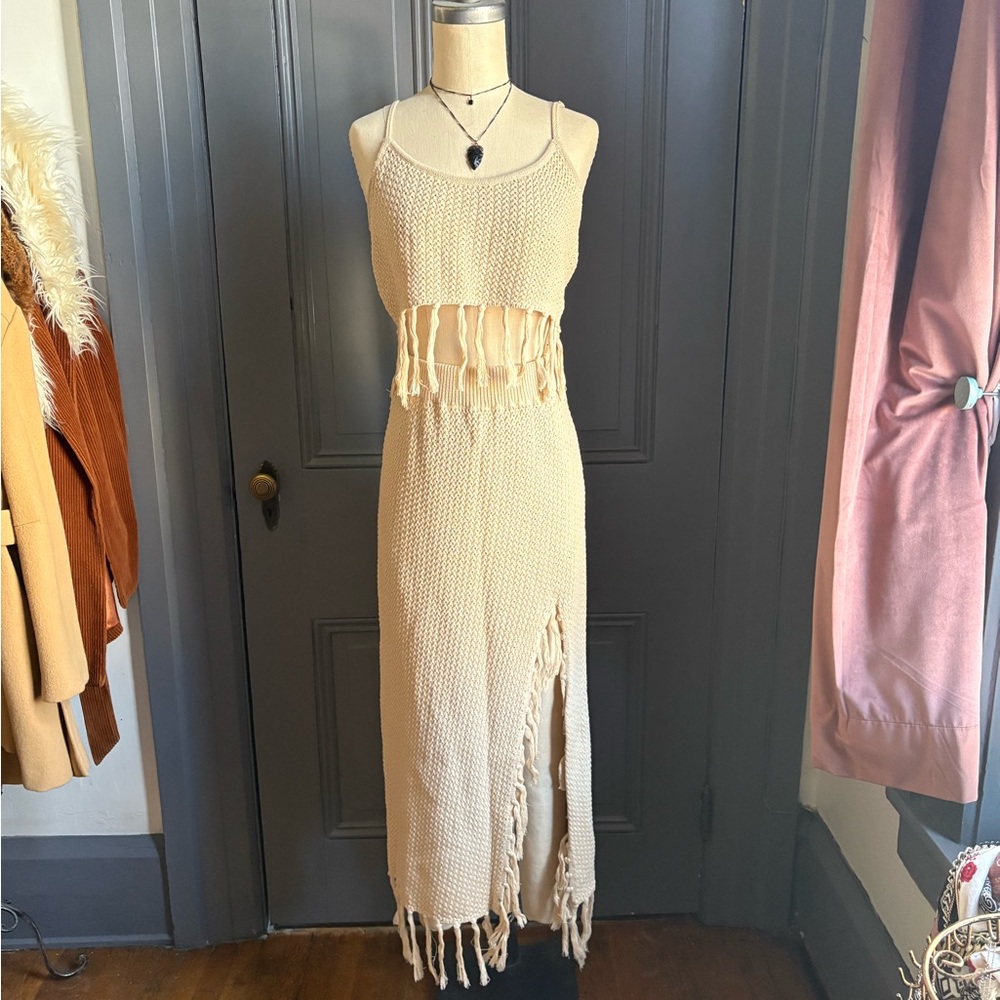 Fringe knit boho sweater set with cropped top and midi skirt